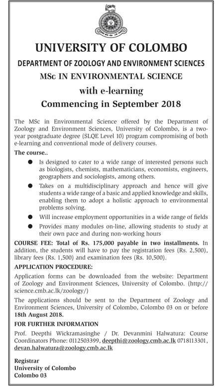 MSc in Environmental Science - Department of Zoology & Environment Sciences - University of Colombo